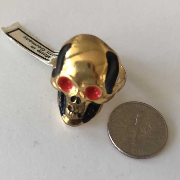 Vintage Made in Western Germany Gold Tone Enamel scull Ring w/Tag adjustable - Picture 9 of 10